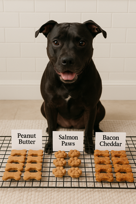 Dog sitting behind three types of dog treats labeled 'Peanut Butter Bones', 'Salmon Paws', and 'Bacon Cheddar Biscuits' on a cooling rack.