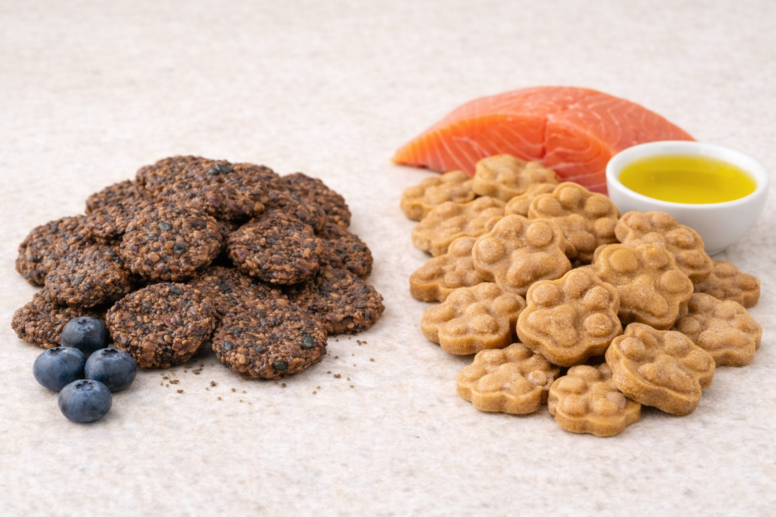 Beef + Blueberry Bites and Salmon Paws handmade organic dog treats from The Chosen Spot K9 Kitchen with blueberries, salmon and oilve oil nearby.