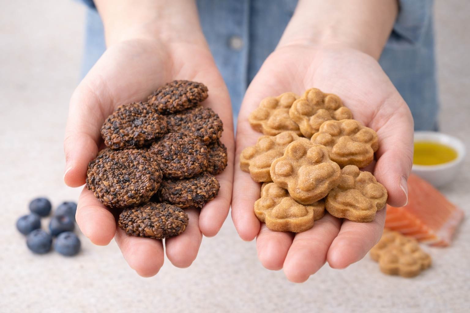 Beef + Blueberry Bites and Salmon Paws handmade organic dog treats from The Chosen Spot K9 Kitchen.