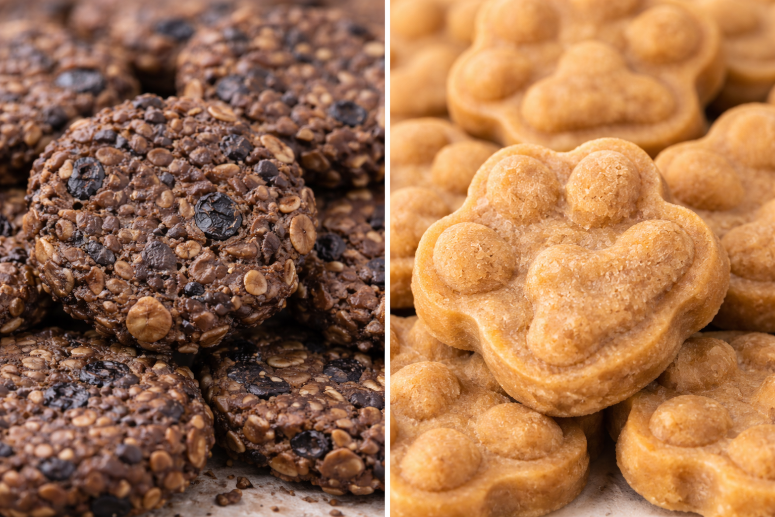 close-up of Beef + Blueberry Bites and Salmon Paws handmade organic dog treats from The Chosen Spot K9 Kitchen.