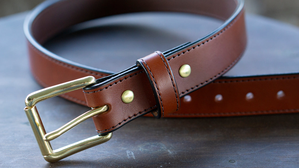 tan bridle leather belt with brass buckle