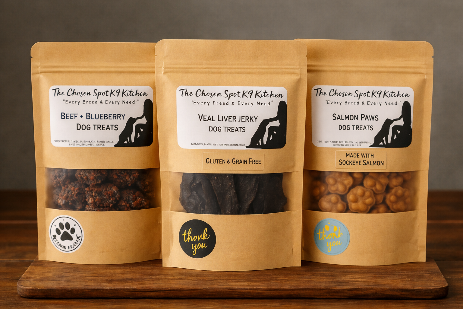The Training Treats Bundle including Beef + Blueberry Bites, Veal Liver Jerky and Salmon Paws from The Chosen Spot K9 Kitchen.
