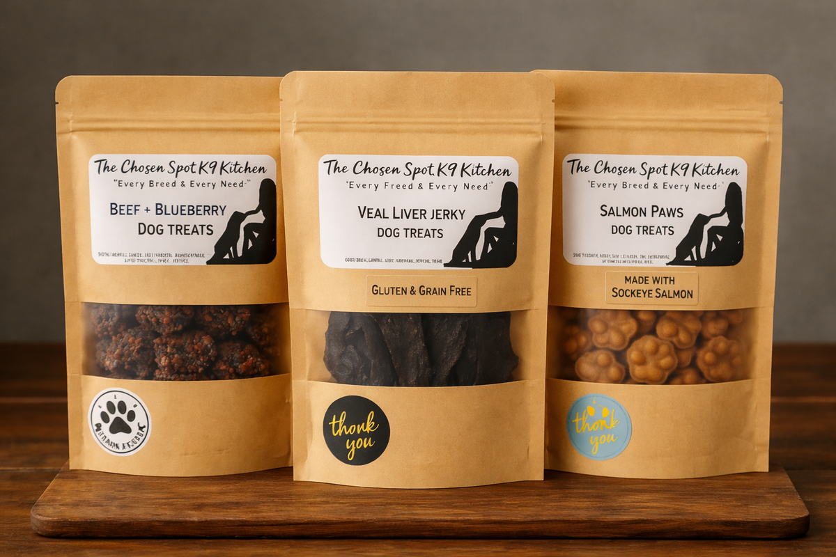 The Training Treats Bundle including Beef + Blueberry Bites, Veal Liver Jerky and Salmon Paws from The Chosen Spot K9 Kitchen.