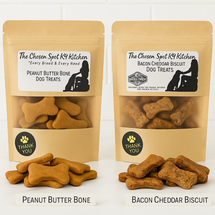 Two packages of handmade organic dog treats from 'The Chosen Spot K9 Kitchen - Bacon Cheddar Biscuits With Duvall Farms Bacon and Peanut Butter Bones in kraft bags with piles of treats in front on a white background.