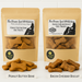 Two packages of handmade organic dog treats from 'The Chosen Spot K9 Kitchen - Bacon Cheddar Biscuits With Duvall Farms Bacon and Peanut Butter Bones in kraft bags with piles of treats in front on a white background.