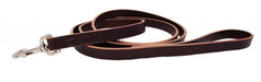 closeup of black leather training leash with nickel snap and rivets
