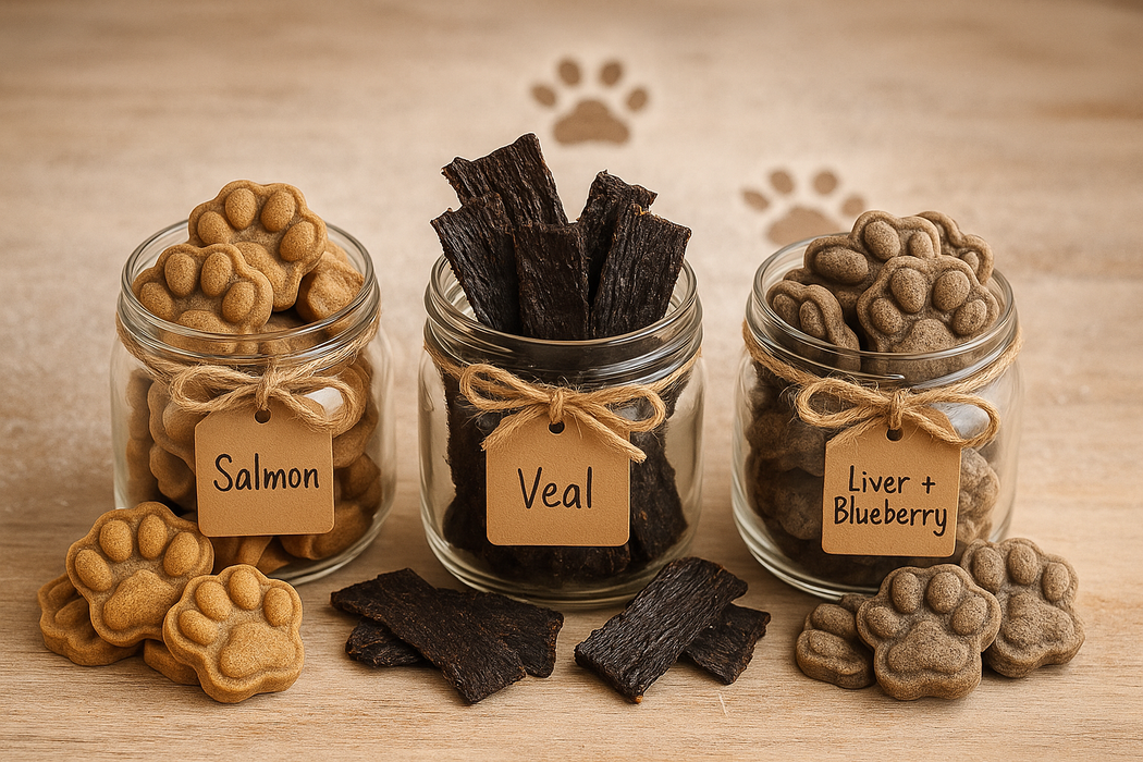 Three mason jars filled with Salmon Paws, Veal Liver Jerky, and Liver + Blueberry Paws from The Chosen Spot K9 Kitchen with piles of corresponding treats on a wooden surface.