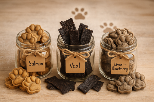 Three mason jars filled with Salmon Paws, Veal Liver Jerky, and Liver + Blueberry Paws from The Chosen Spot K9 Kitchen with piles of corresponding treats on a wooden surface.