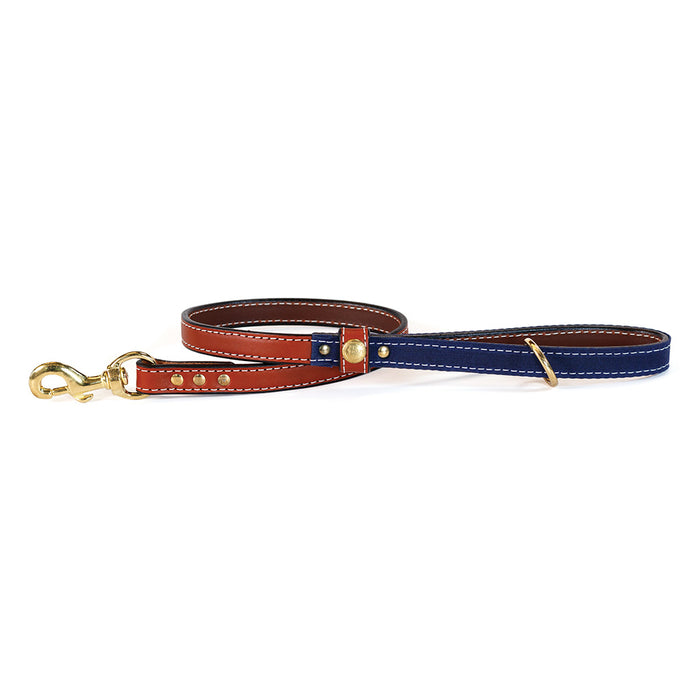 Upland and Downstream leather leash with blue waxed cotton accent and brass hardware