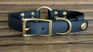Upland & Downstream black Biothane collar with brass hardware and tail snap and center ring