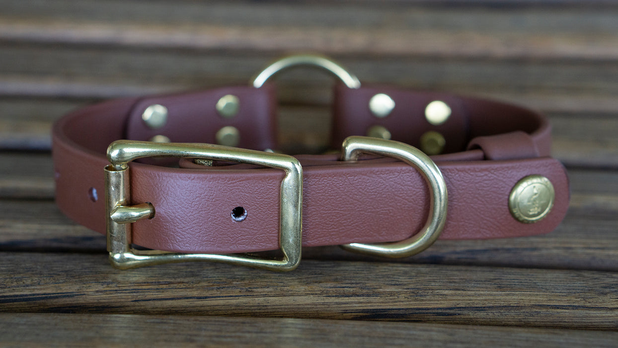 Upland & Downstream brown Biothane collar with brass hardware and tail snap and center ring