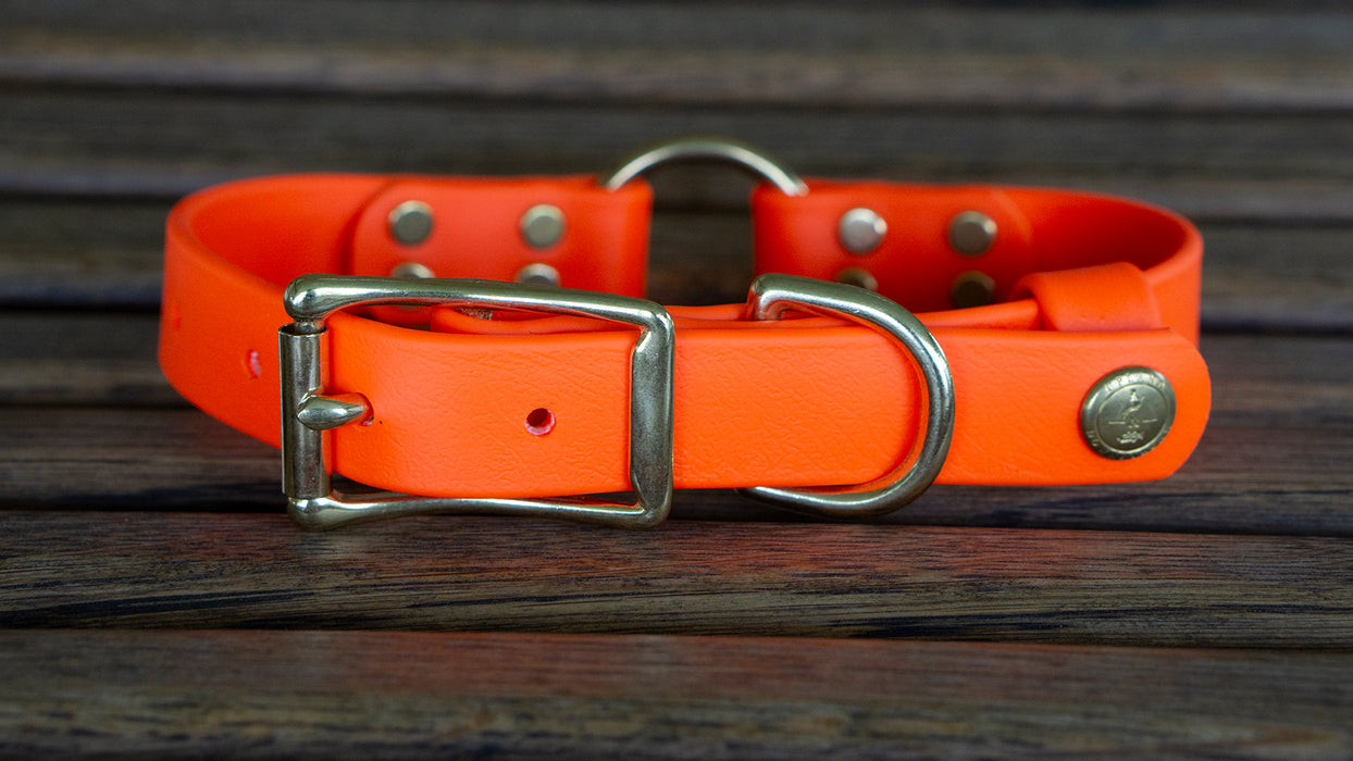 Upland & Downstream orange Biothane collar with brass hardware and tail snap and center ring