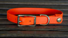 Upland & Downstream orange Biothane collar with brass hardware and tail snap