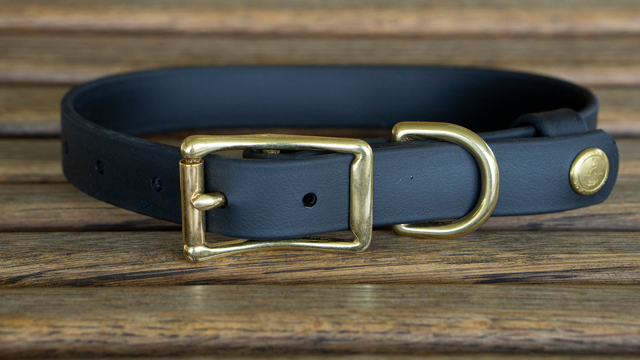 Upland & Downstream black Biothane collar with brass hardware and tail snap