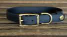 Upland & Downstream black Biothane collar with brass hardware and tail snap