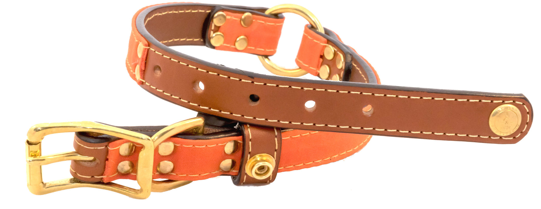side view of Brentwood tan bridle leather center ring collar with salmon cotton canvas