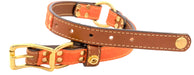 side view of Brentwood tan bridle leather center ring collar with salmon cotton canvas