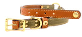 side view of Brentwood tan bridle leather center ring collar with olive cotton canvas