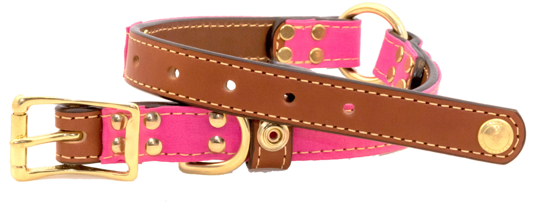 side view of Brentwood tan bridle leather center ring collar with pink cotton canvas