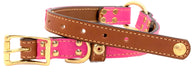 side view of Brentwood tan bridle leather center ring collar with pink cotton canvas