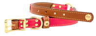 side view of Brentwood tan bridle leather center ring collar with orange cotton canvas