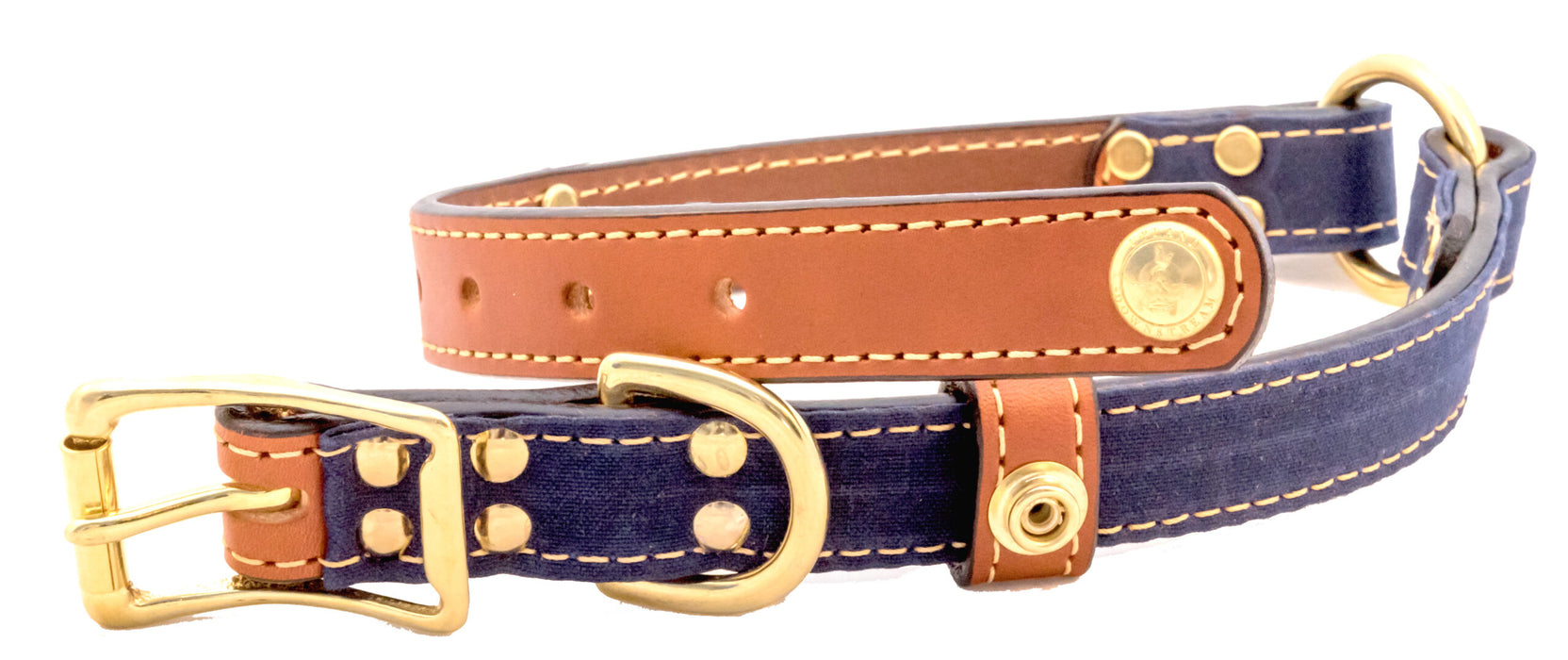 closeup of snap of Brentwood tan bridle leather center ring collar with blue cotton canvas
