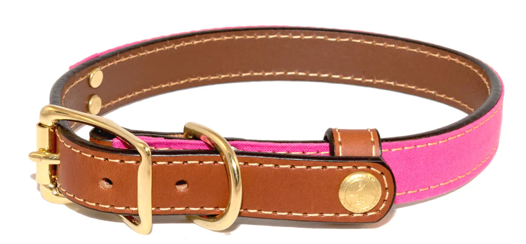 Upland and Downstream tan leather dog collar with pink wax cotton accents and brass hardware