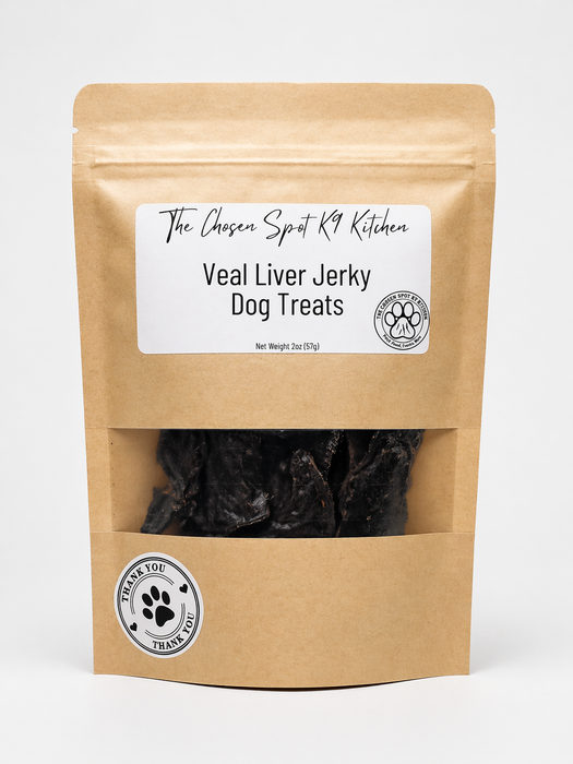 Package of Veal Liver Jerky Dog Handmade Organic Dog Treats from The Chosen Spot K9 Kitchen on a white background.