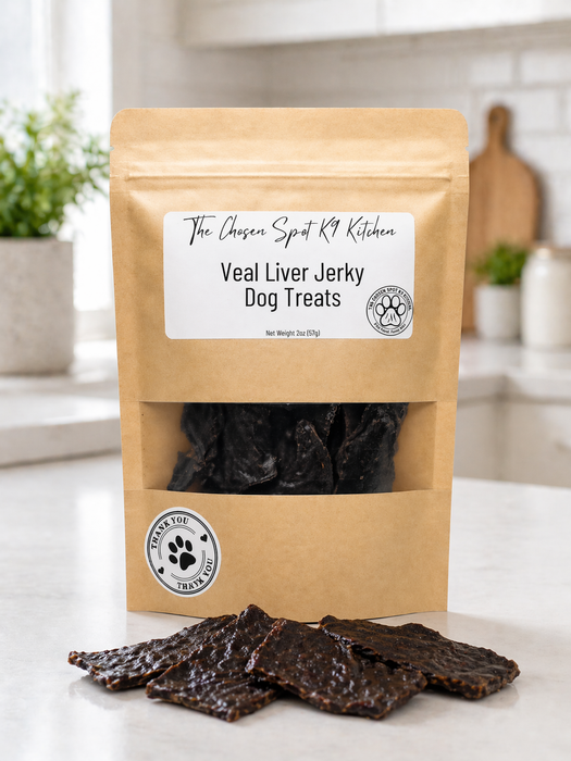 A package of Veal Liver Jerky. Handmade organic dog treats from The Chosen Spot K9 Kitchen.