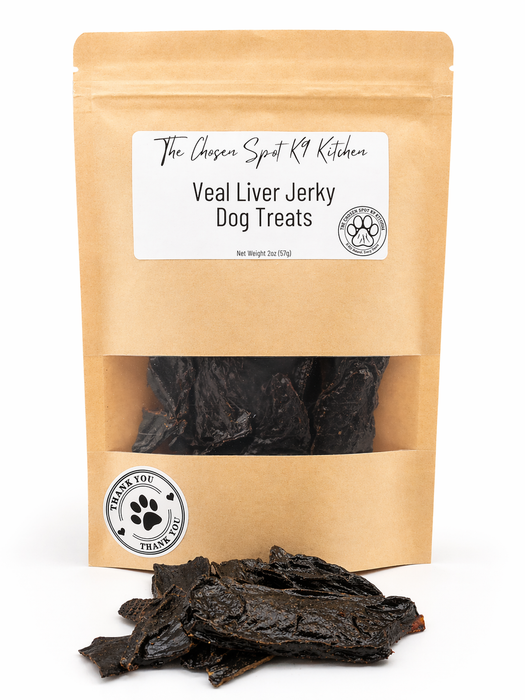 Package of Veal Liver Jerky Dog Handmade Organic Dog Treats from The Chosen Spot K9 Kitchen on a white background with treats in front of the bag.