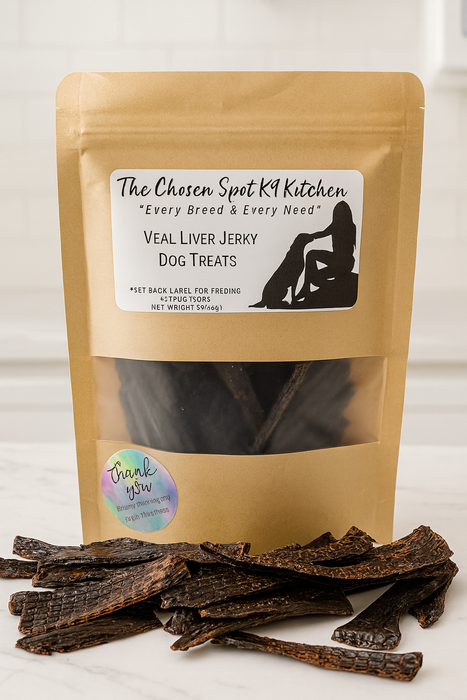A package of Veal Liver Jerky. Handmade organic dog treats from The Chosen Spot K9 Kitchen.