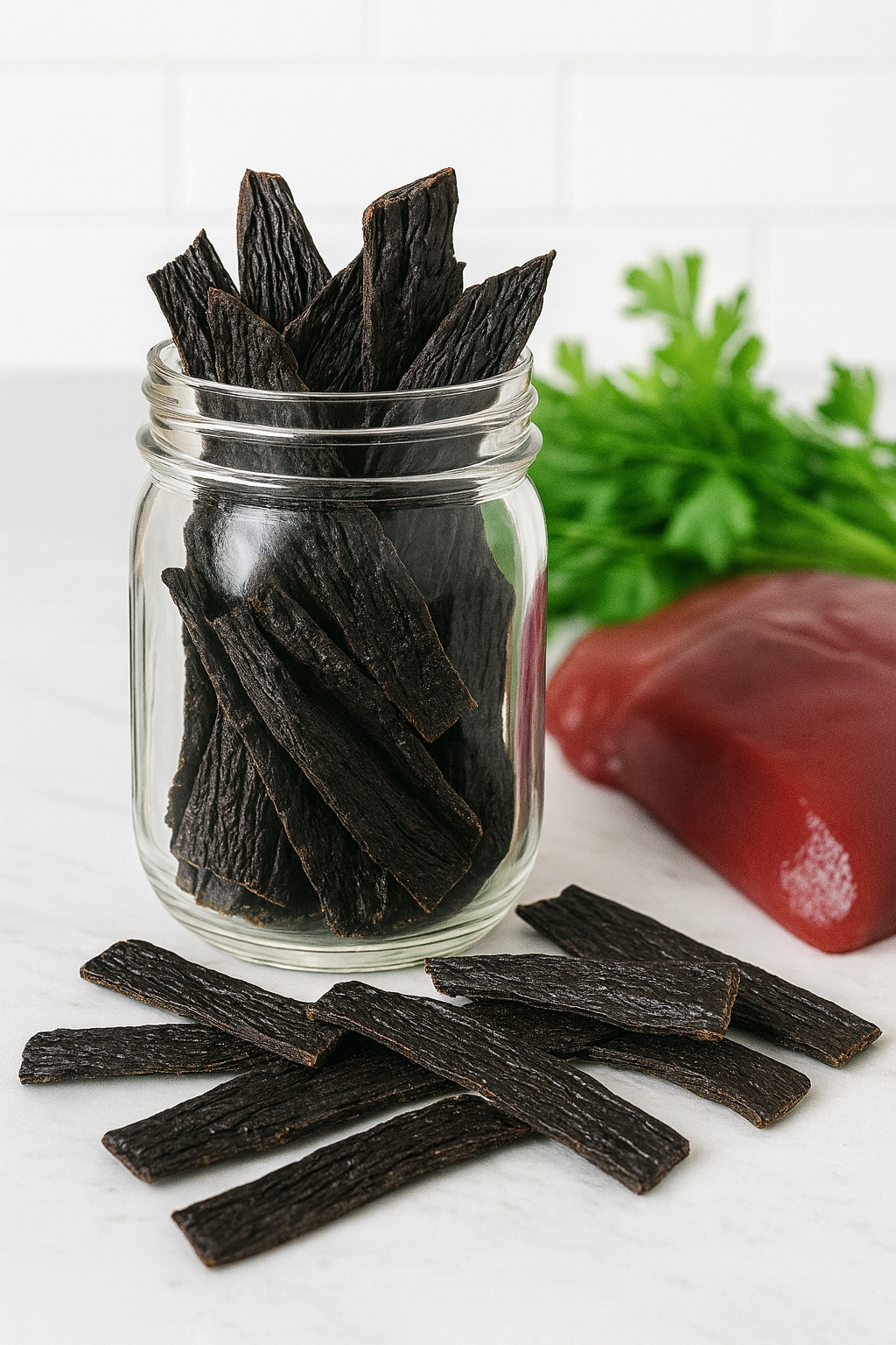 Veal Liver Jerky, Handmade Organic Dog Treats from The Chosen Spot K9 Kitchen in Canandaigua NY, in a mason jar with a pieve of organic veal nearby.
