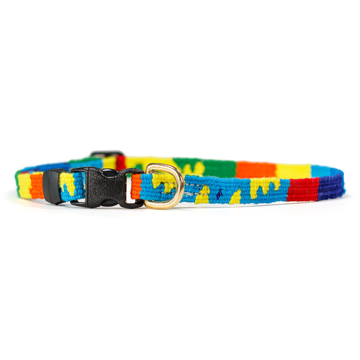 a tail we could wag handwoven dog collar in bright colored stripes with traditional Mayan patterns woven in