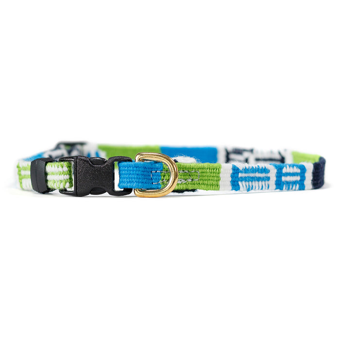 extra small dog collar handwoven in bright blues and greens with traditional Mayan patterns