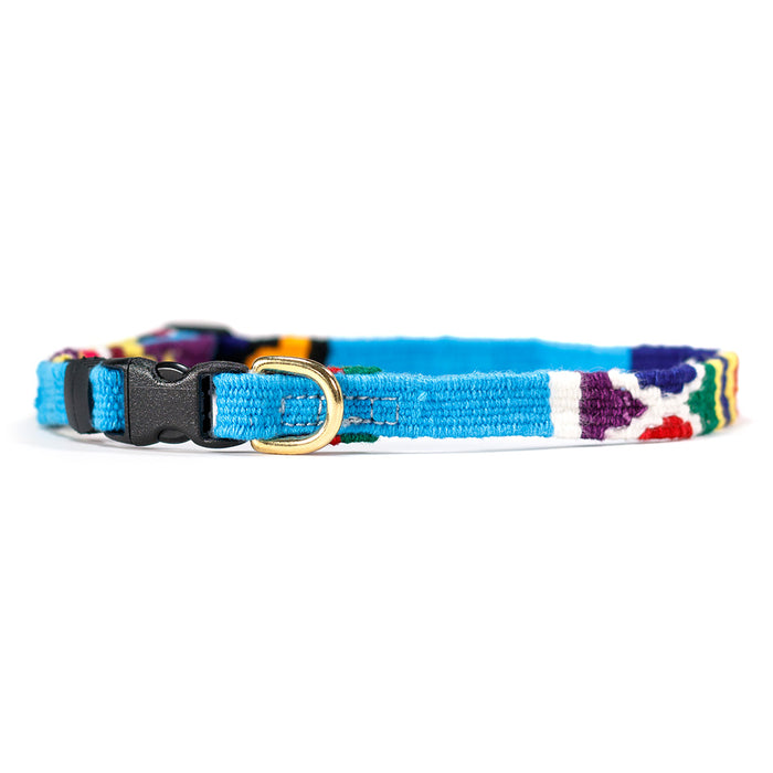 extra small dog collar in shades of light blue with colorful traditional patterts woven in