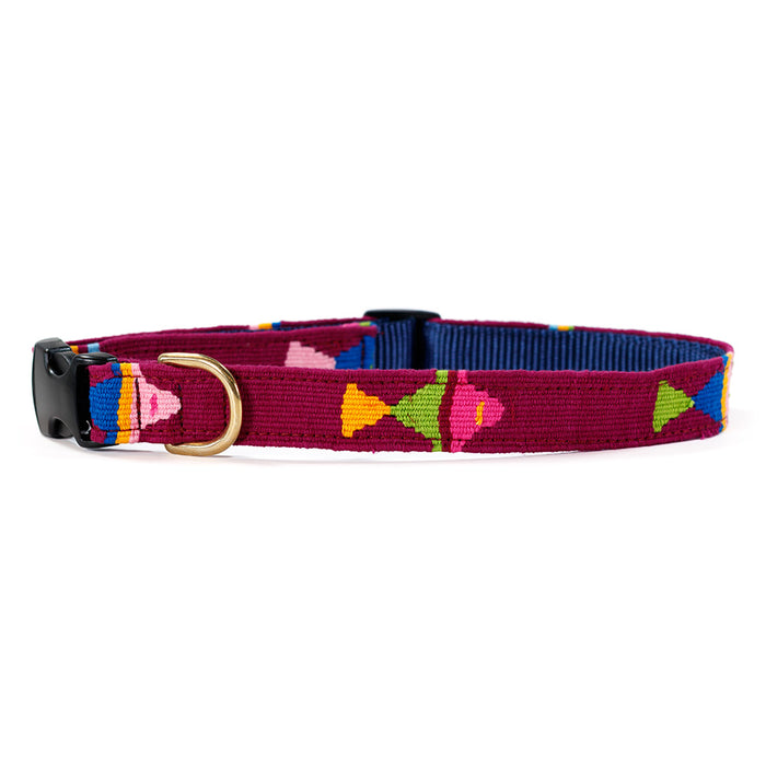 Foolish Fish side release dog collar with silly fish pattern in multi colors on a cranberry background