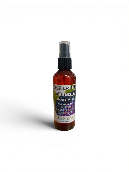Body mist spray bottle labeled 'Black Raspberry & Vanilla' on a white background