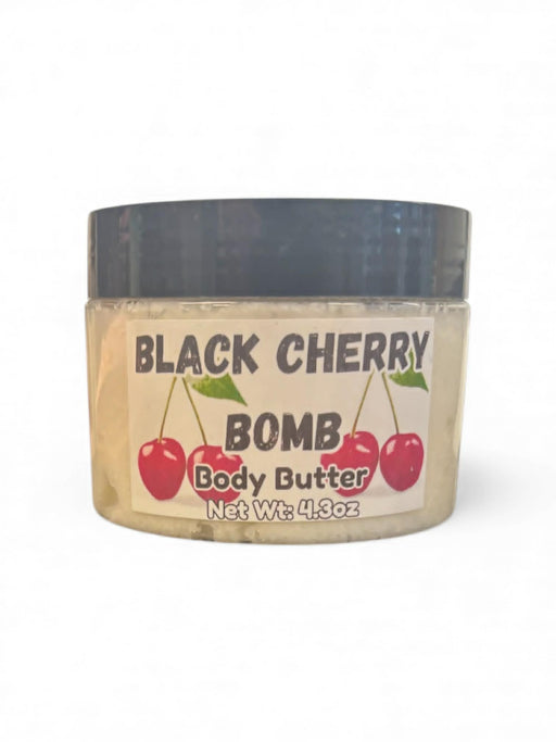 Jar of Black Cherry Bomb Body Butter with cherry graphics on a white background