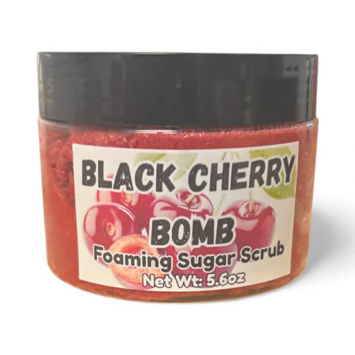 Black Cherry Bomb Foaming Sugar Scrub jar with black lid on a white background