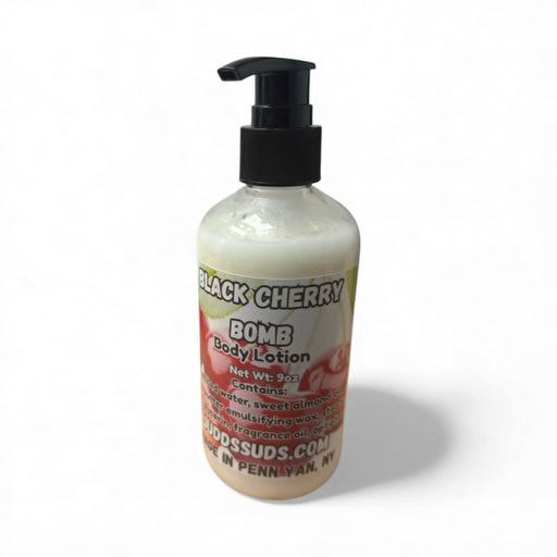 Bottle of Bomb Cosmetics Black Cherry body lotion on a white background