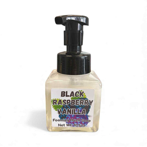Foaming hand soap bottle labeled 'Black Raspberry Vanilla' on a white background