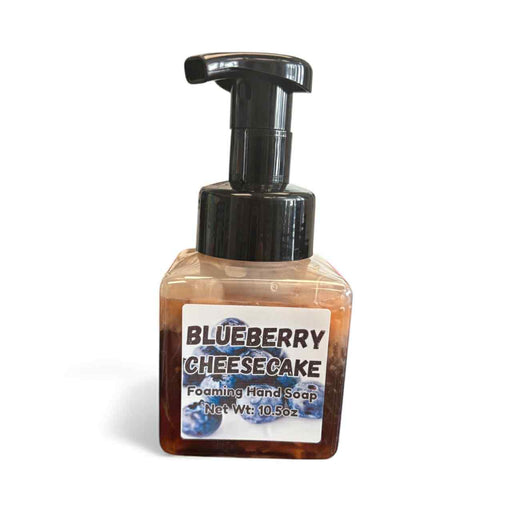 Foaming hand soap bottle labeled 'Blueberry Cheesecake' on a white background