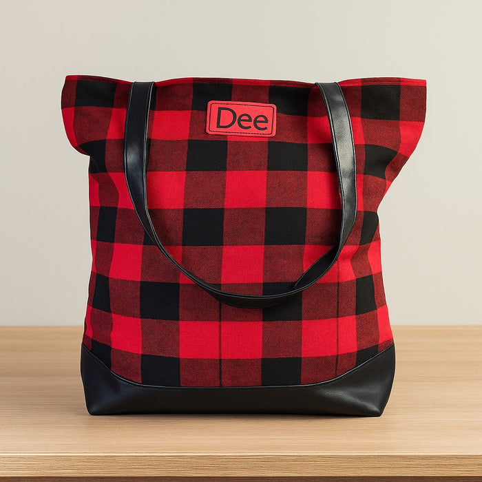 Personalized Buffalo Plaid Tote Bag with Custom Leatherette Patch