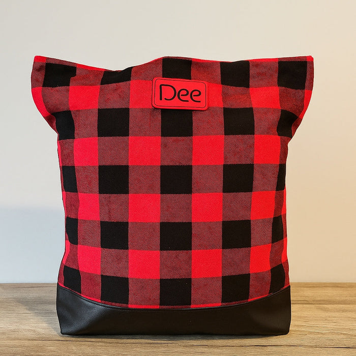 Personalized Buffalo Plaid Tote Bag with Custom Leatherette Patch