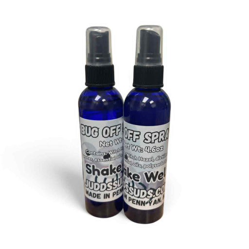 Two blue spray bottles with black nozzles on a white background