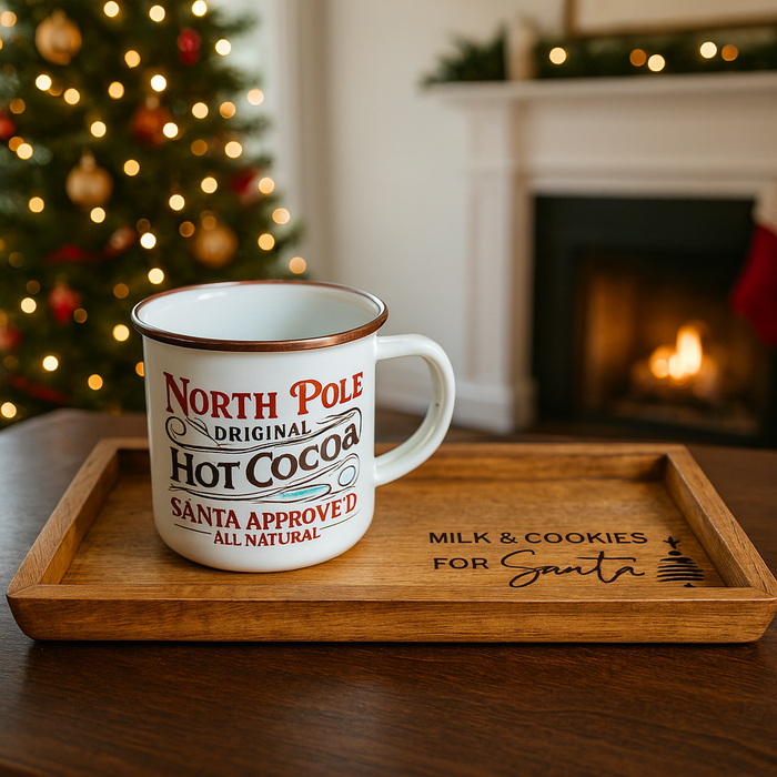 Mug with 'North Pole Original Hot Cocoa' text on a wooden tray in front of a Christmas tree and fireplace.