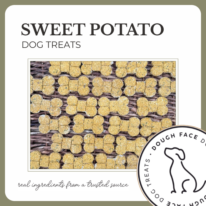 Crunchy Sweet Potato Dog Treats made in small batches by Dough Face Dog Treats.