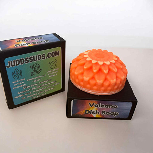 Volcano-shaped dish soap with packaging on a white background