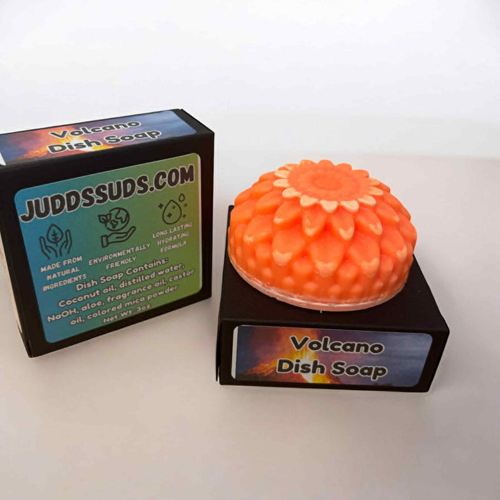 Volcano-shaped dish soap with packaging on a white background