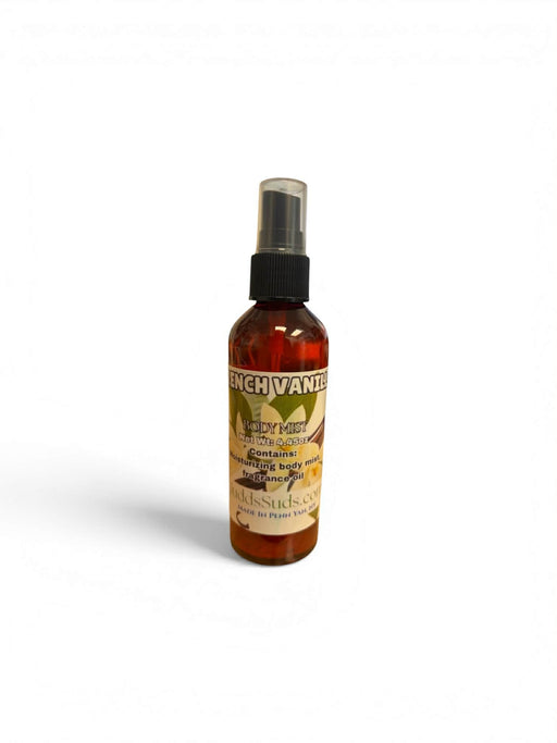 Bottle of body mist with a label on a white background